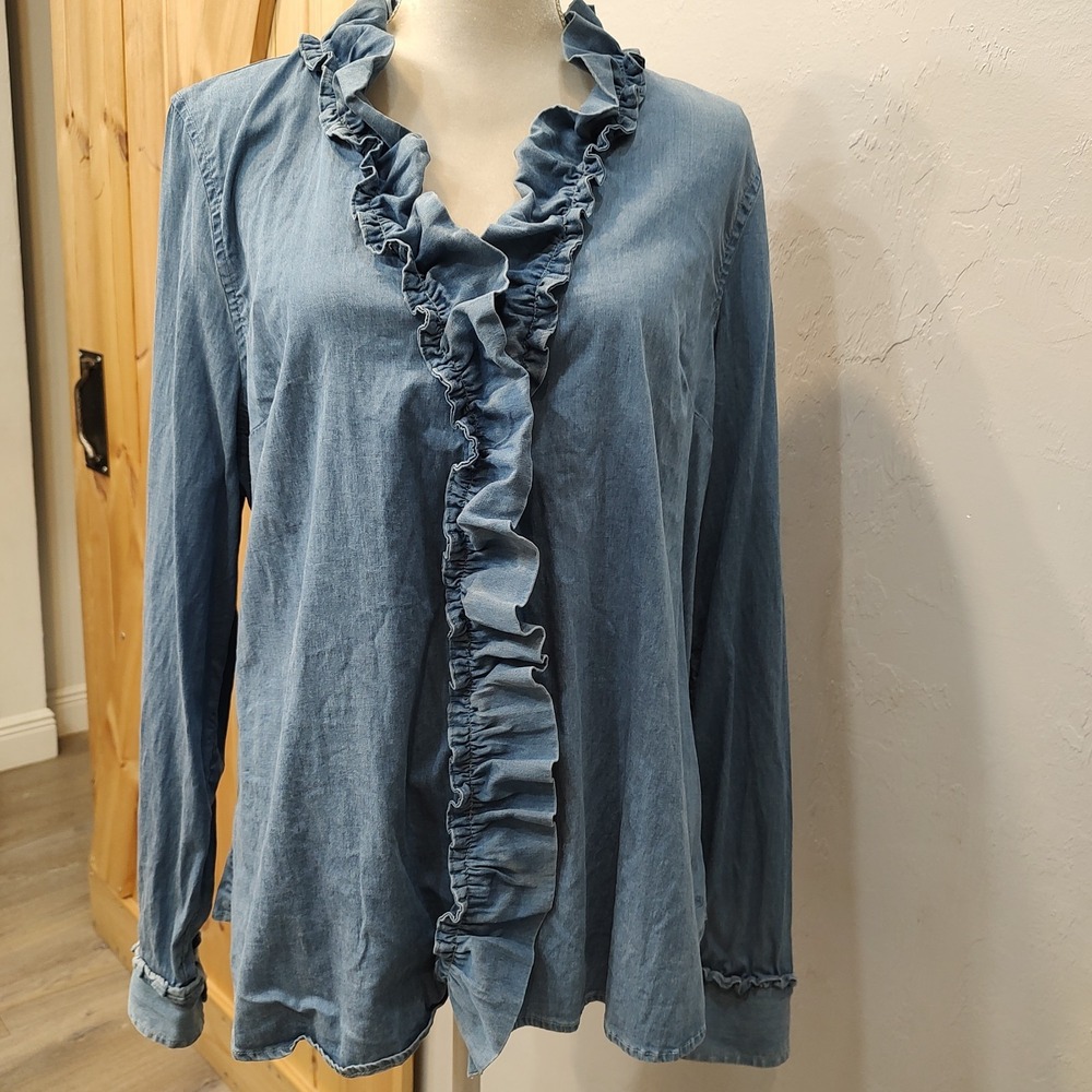 Crown Ivy Womens Denim Chambray Ruffled Long Sleeve Blouse Sz XXL Coquette